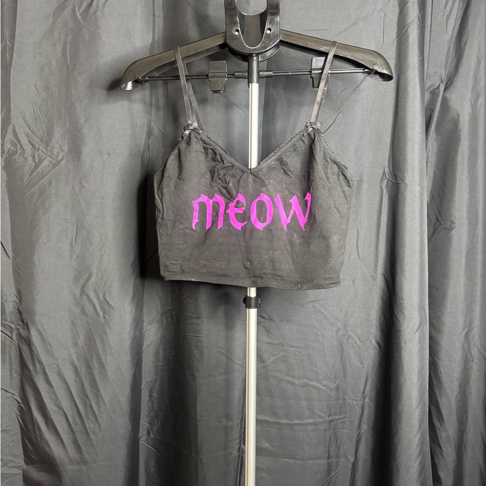 Dolls Kill Black Crop Top with Pink Meow Print